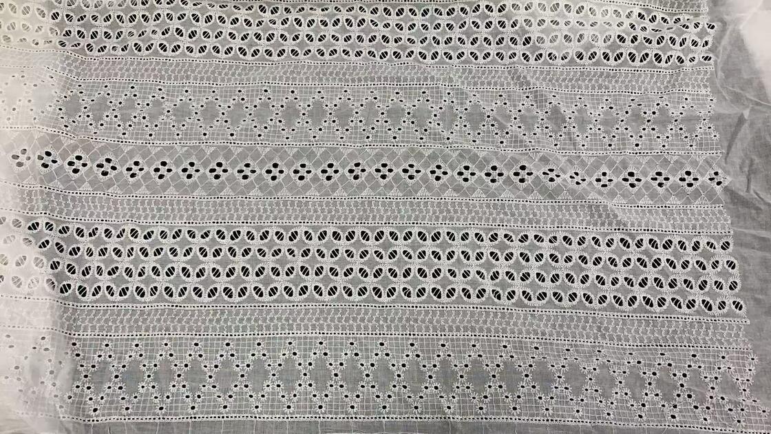 Quality Soft 100% Cotton Horizontal Striped Eyelet Embroidery Fabric, Geometric Diamond Oval Hollow Cutwork Lace for Summer Dress Blouse factory