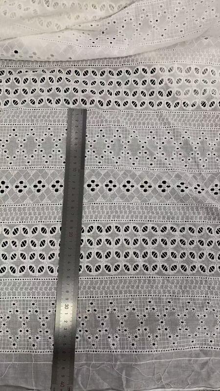 Quality Soft 100% Cotton Horizontal Striped Eyelet Embroidery Fabric, Geometric Diamond Oval Hollow Cutwork Lace for Summer Dress Blouse factory