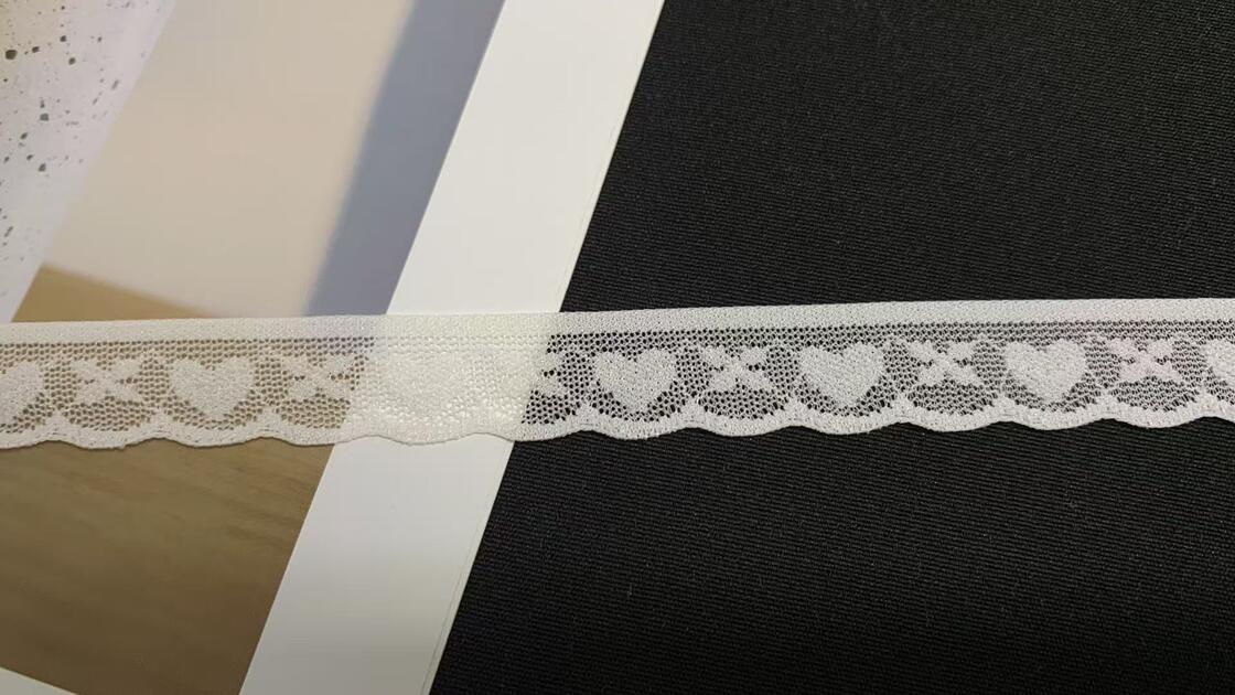Quality 1.5cm Nylon Spandex Elastic Lace Trim with Heart Pattern Mesh and Wavy Bottom Edge for Lingerie Decoration factory