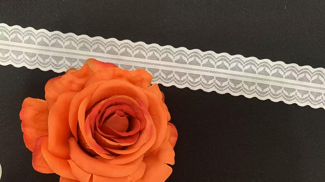 Quality 3cm Nylon Spandex Elastic Lace Trim with Double Scalloped Edge and Symmetric Geometric Pattern for Lingerie and Garment Decoration factory
