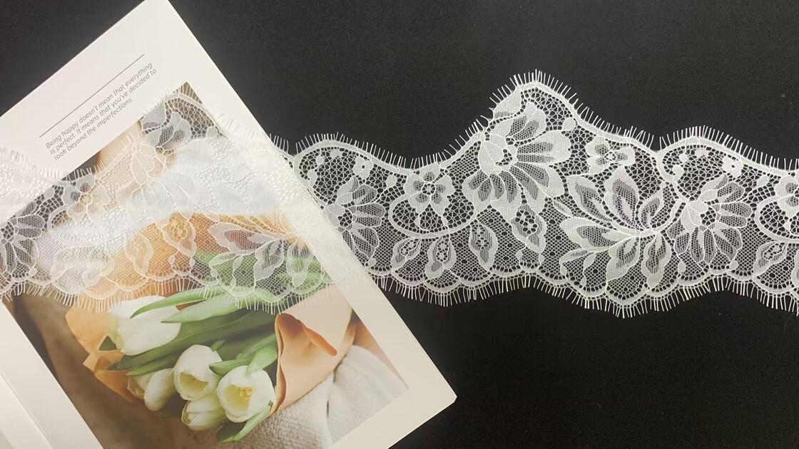 Quality Eyelash Lace Trim 12cm Width Delicate Flower Pattern Non-Stretch Nylon for Wedding & Lingerie factory