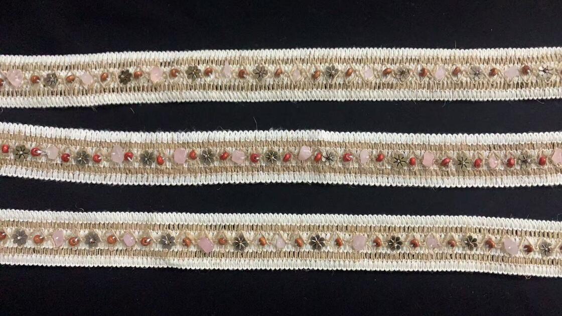 Quality Bohemian Woven Jute Lace Trim, Wooden Bead & Metal Flower Embellished Decorative Tape factory