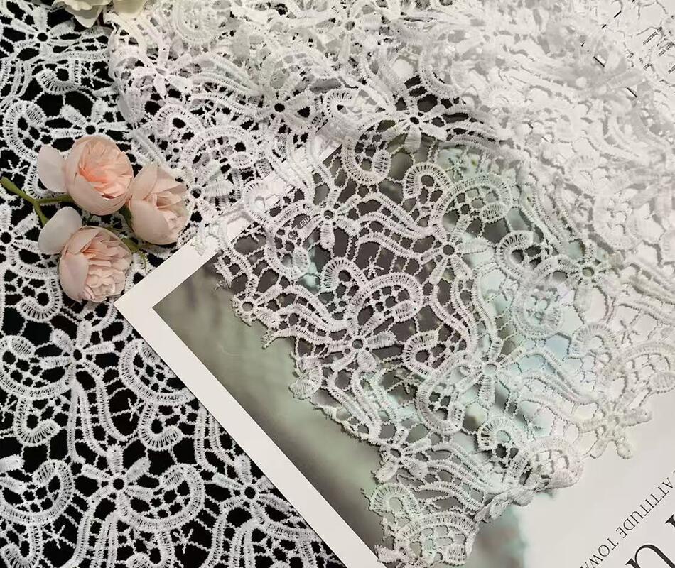 Quality White Milk Yarn Water‑Soluble Embroidery Fabric,Geometric Floral Hollow  Lace Fabric Hollow Embroidery for Dress & Wedding factory