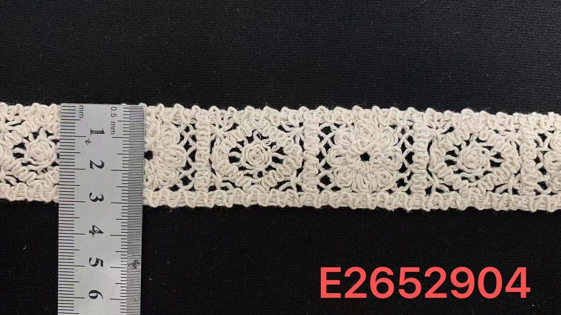 Quality 3cm Width Cotton Lace Trim with Three-dimensional Rose Motif and Square Hollow Grid Base for Garment Trimming factory