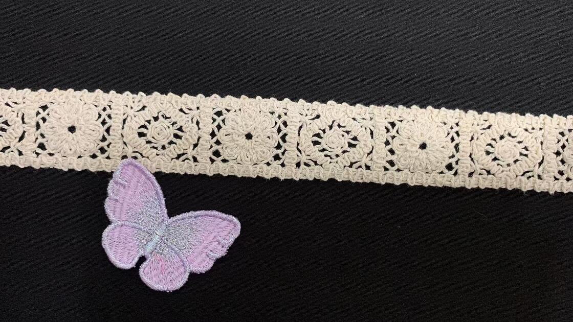 Quality 3cm Width Cotton Lace Trim with Three-dimensional Rose Motif and Square Hollow Grid Base for Garment Trimming factory