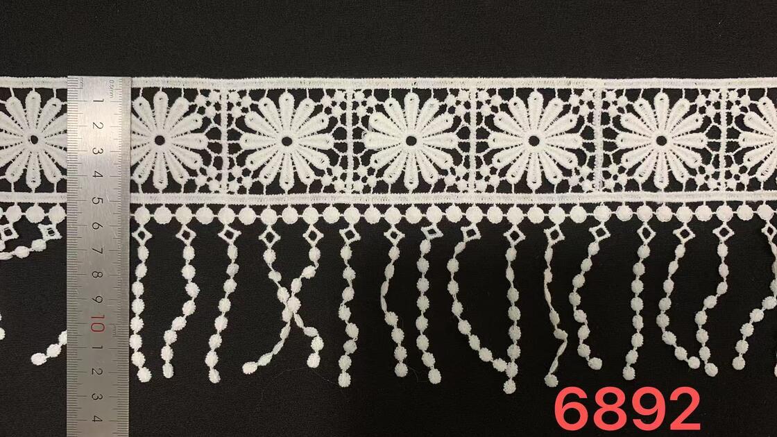 Quality 12.5cm Milk Yarn Water Soluble Lace Trim with Radial Sun Flower Dangling Bead Tassel Fringe Silky Soft Wide Border for Dress Hem Decoration factory