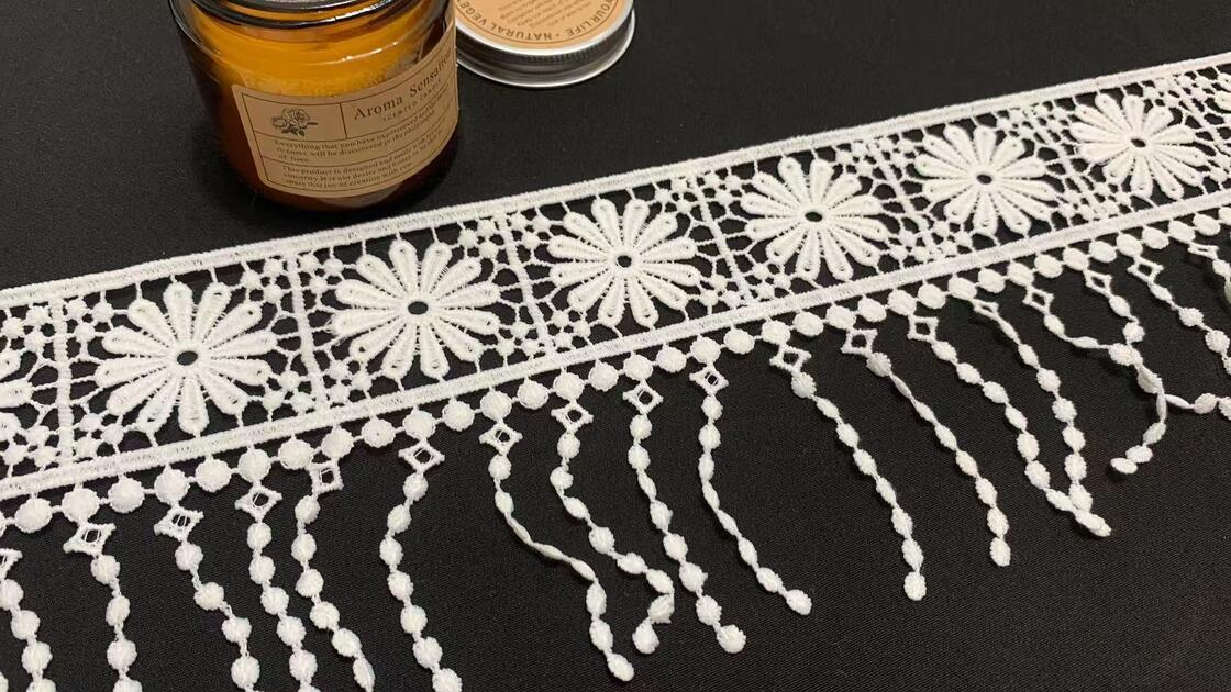 Quality 12.5cm Milk Yarn Water Soluble Lace Trim with Radial Sun Flower Dangling Bead Tassel Fringe Silky Soft Wide Border for Dress Hem Decoration factory