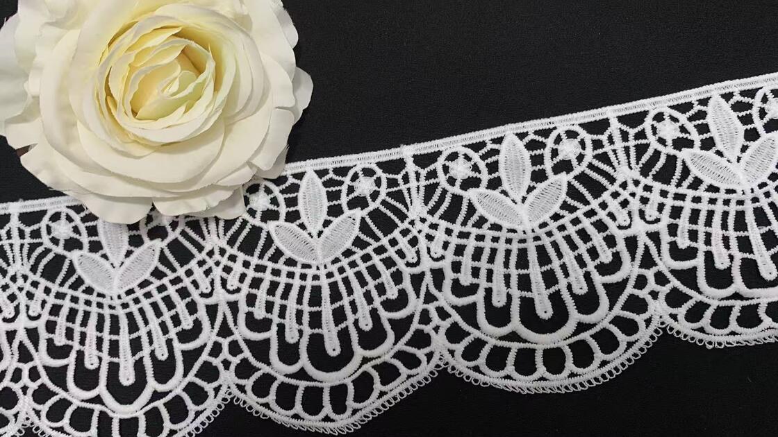 Quality 10cm Width Milk Silk Floral Lace Trim with Scalloped Edge and 3D Floral Pattern for Dress and Home Decor factory