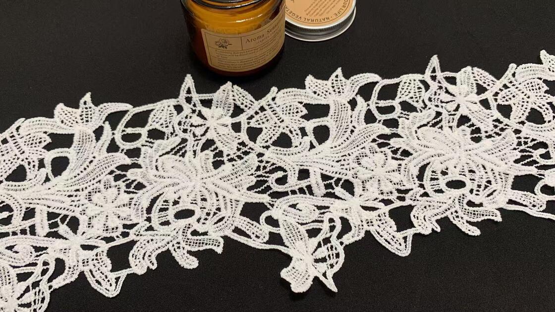 Quality 13cm Width Milk Yarn Lace Trim with Blooming Floral Openwork Pattern and Soft Fine Texture for Couture Apparel factory