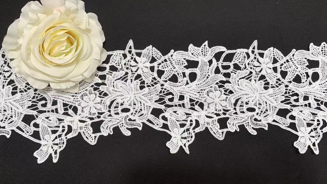 Quality 13cm Width Milk Yarn Lace Trim with Blooming Floral Openwork Pattern and Soft Fine Texture for Couture Apparel factory
