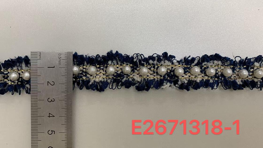 Quality 2.5cm Width Pearl Beaded Tweed Trim with Rough Fringe Edge and Faux Pearl Decoration for Bulk Supply factory