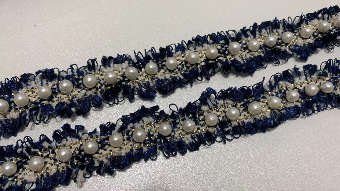 Quality 2.5cm Width Pearl Beaded Tweed Trim with Rough Fringe Edge and Faux Pearl Decoration for Bulk Supply factory