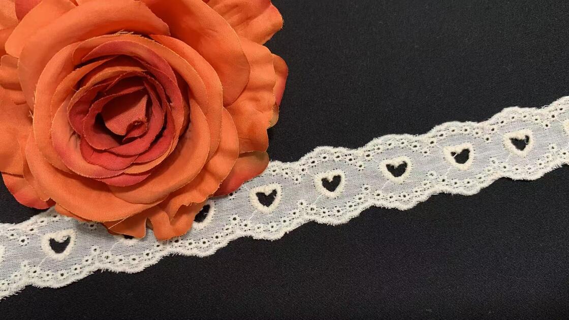 Quality Premium Cotton Chicken Lace Trim with Hollow Heart Pattern and Wavy Scallop Border Lightweight Fabric factory