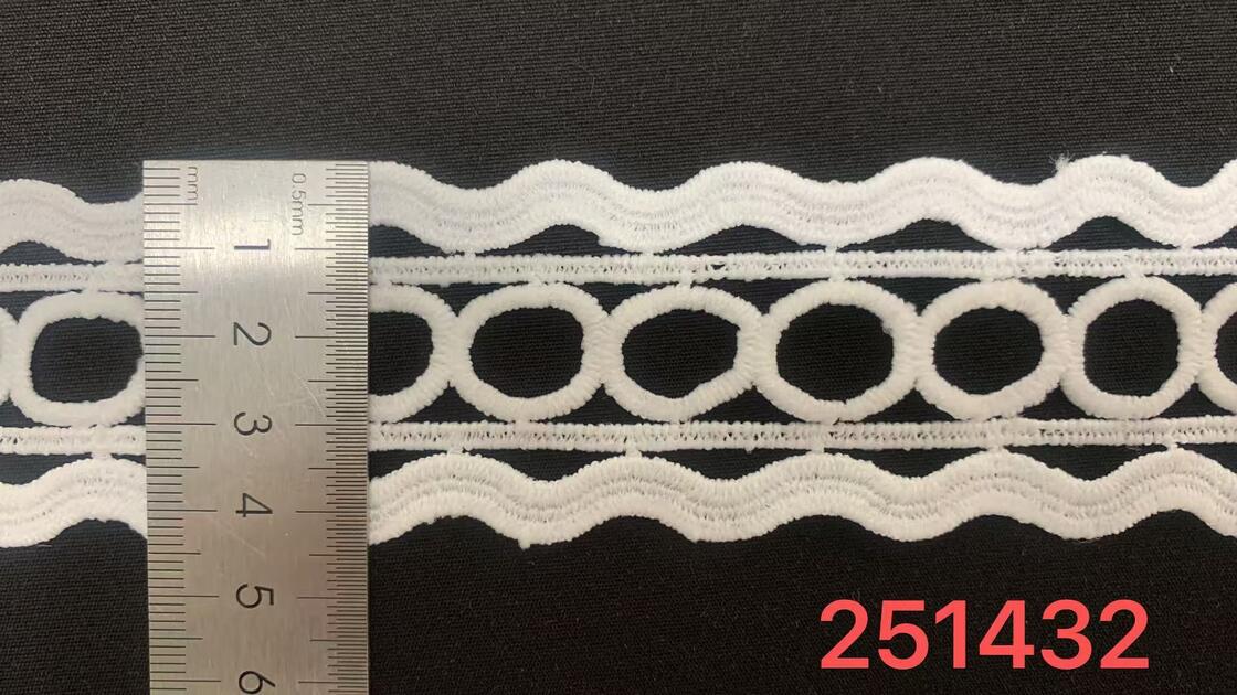 Quality 5cm Width Milk Yarn Embroidery Lace Trim with Multi-layer Geometric Design and Tidy Cut Edge for Apparel Decoration factory