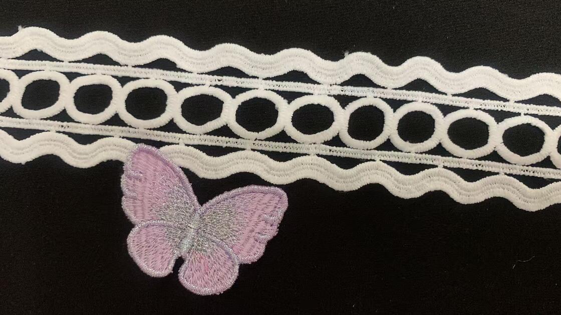 Quality 5cm Width Milk Yarn Embroidery Lace Trim with Multi-layer Geometric Design and Tidy Cut Edge for Apparel Decoration factory