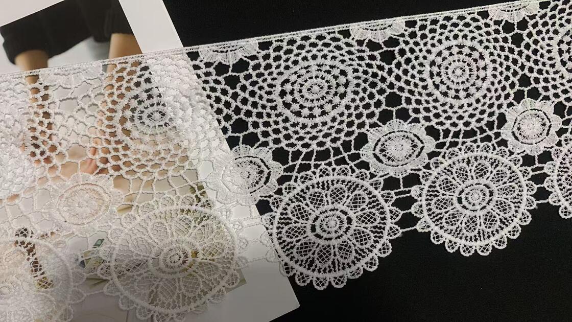 Quality 18cm Width Milk Yarn Lace Trim with Multi-tier Circular Rosette Motifs and Large-width Hollow Lace for Dress Hem Decoration factory