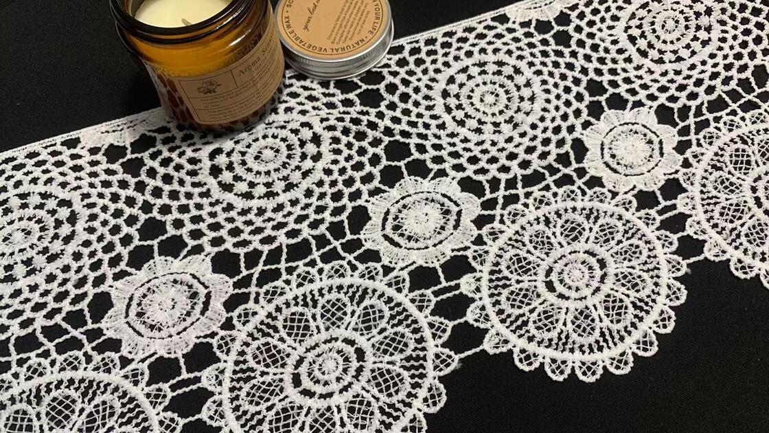 Quality 18cm Width Milk Yarn Lace Trim with Multi-tier Circular Rosette Motifs and Large-width Hollow Lace for Dress Hem Decoration factory