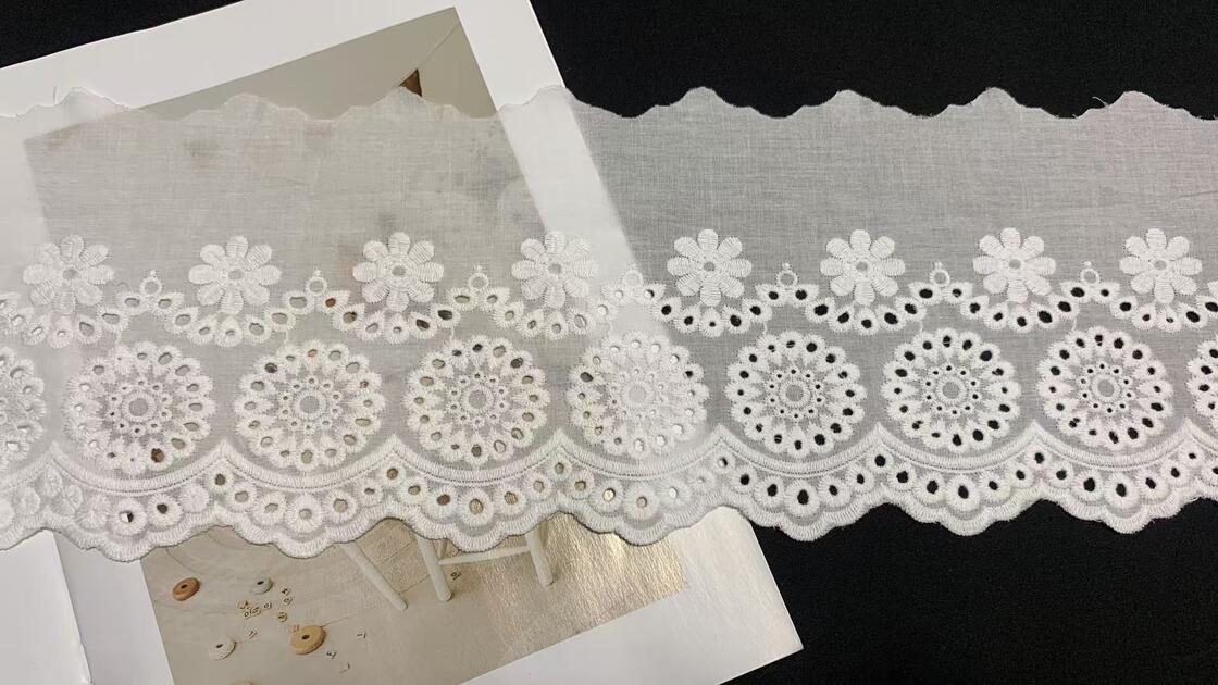 Quality Natural Cotton Chicken Embroidery Lace Trim with Stacked Flower Embroidery and Scalloped Wavy Border factory