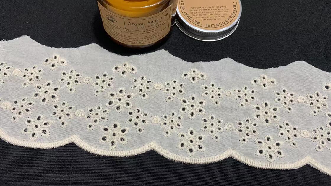 Quality 7.5cm Width Cotton Chicken Lace Trim with Small Floral-Geometric Eyelet Motifs and Soft Wavy Scallop Edge for Garment Trimming factory