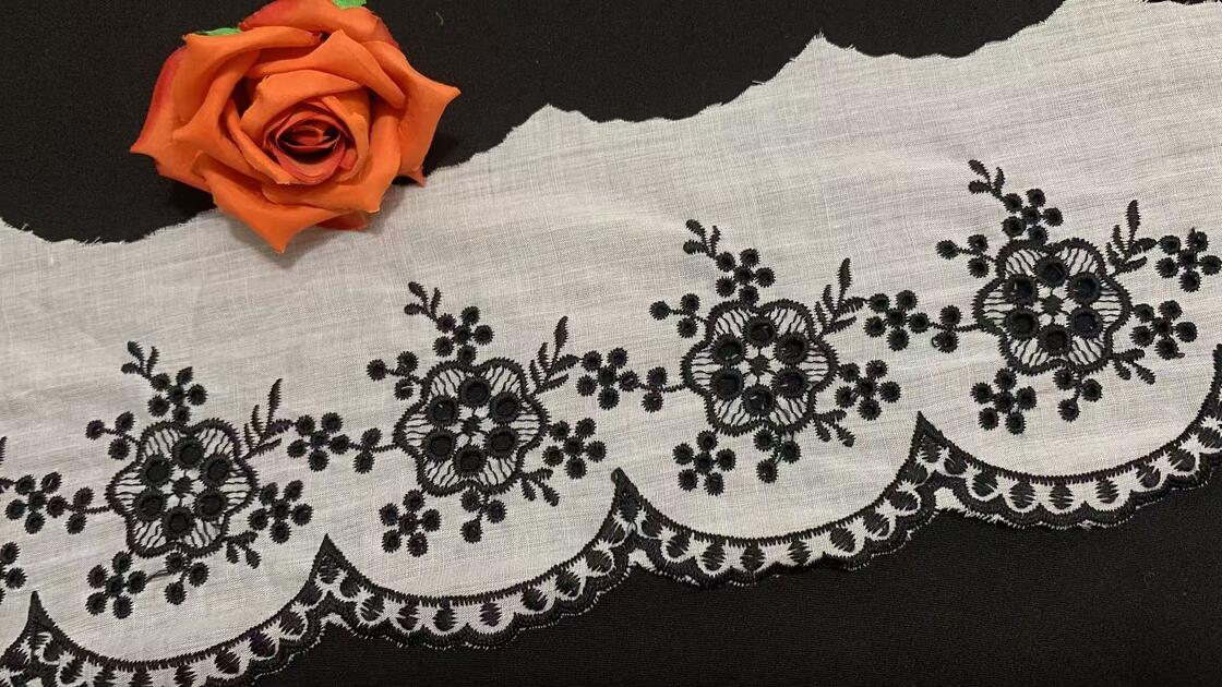 Quality 14cm Width Cotton Chicken Lace Trim with Floral Embroidery and Scalloped Edge for Dress Blouse Decoration factory