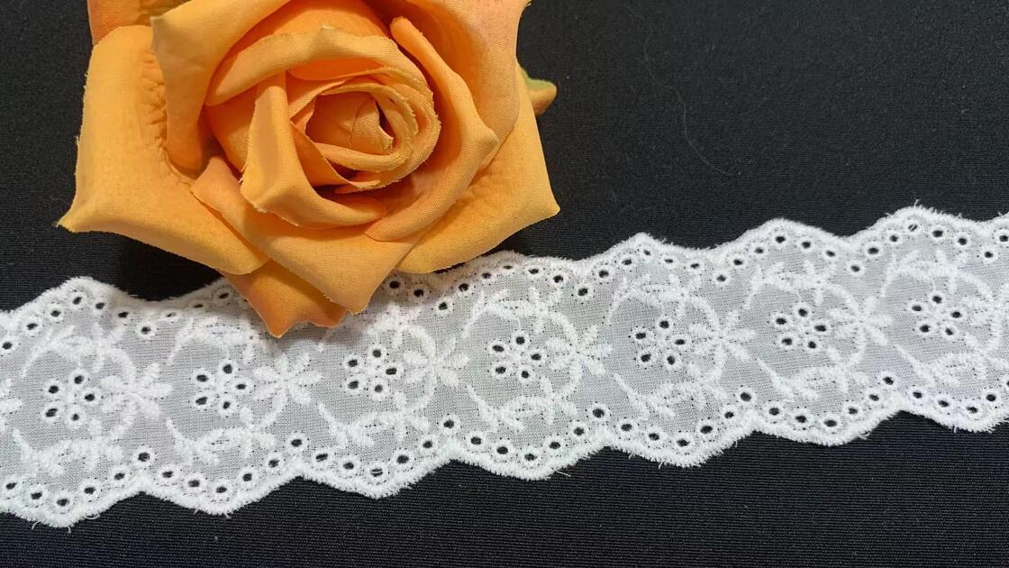 Quality Cotton Chicken Lace Trim with Repeated Circular Floral Embroidery Wavy Scallop Edge and Soft Breathable Texture for Garment Trimming factory