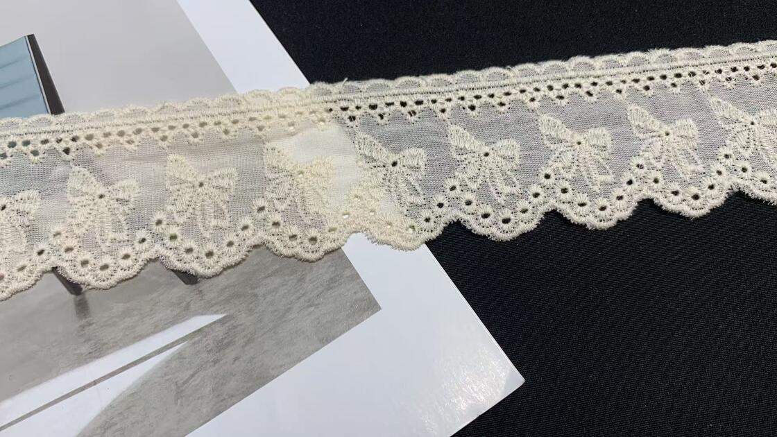 Quality Cotton Chicken Lace Trim with Delicate Bow Embroidery Wavy Scalloped Borders and Neat Hollow Eyelet Details for Garment Trimming factory