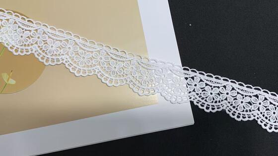 Quality White Polyester Water-Soluble Embroidery Lace Trim, Floral Scalloped Wide Lace Border for Bridal Dress, Lingerie, DIY Crafts factory