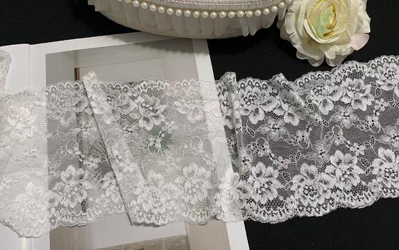 Quality A1Z011 16.5cm Wide Fancy French Double Wave Floral Elastic Stretch Lace Fabric Rhinestones for Lingerie Wedding Dresses factory