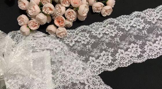 Quality A1Z011 16.5cm Wide Fancy French Double Wave Floral Elastic Stretch Lace Fabric Rhinestones for Lingerie Wedding Dresses factory