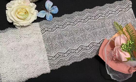 Quality Premium French Lace Luxury Fancy Vintage Wave Jacquard Stretch Lace Trim White Elastic Lace Tape Breathable Mesh Lace Border DIY factory