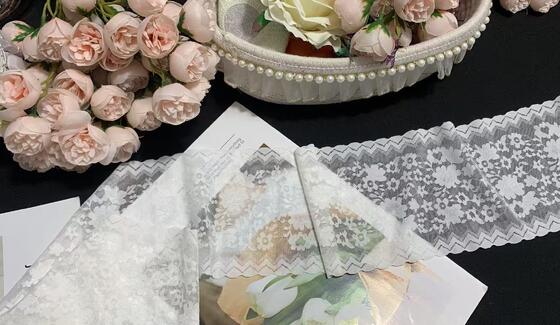 Quality A1Z016 12cm Wide French Lace Floral Stretch Elastic Trim Wave Border for Pajamas and Bags factory