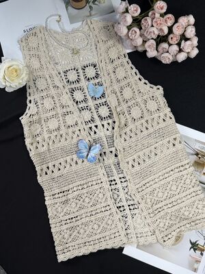 Quality Mid to Long Bohemian Knitted Jacket with Handmade Leaf Floral Crochet Hollow-Out Design and Lightweight Knitted Fabric in Retro Boho Style factory