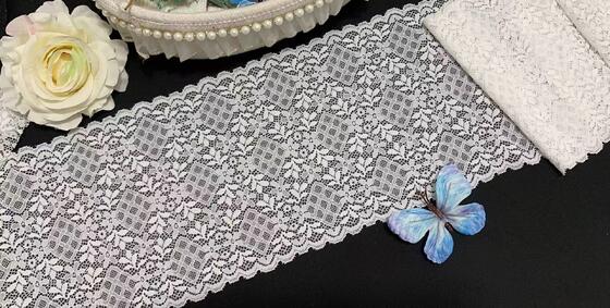 Quality A1Z017   18CMElastic White Lace Trim With Rhombus Leaf Pattern, Soft Stretch Lace For Lingerie Dress Skirt Decoration factory