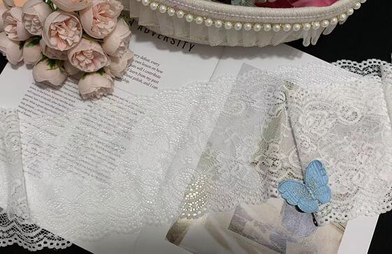 Quality A1Z019 Floral Hollow Out Stretch Lace Trim, Double Scalloped White Elastic Lace Ribbon For Lingerie Dress Pajama Garment Decoration factory