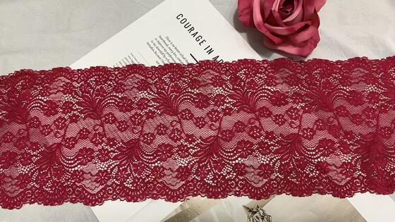 Quality A1Z021 Burgundy Floral Stretch Lace Trim, Double Scalloped Vintage Nylon/Spandex Lace Ribbon for Lingerie Wedding Dress Nightgown Decoration factory