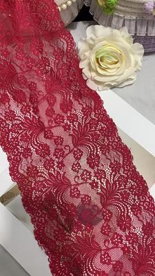 Quality A1Z021 Burgundy Floral Stretch Lace Trim, Double Scalloped Vintage Nylon/Spandex Lace Ribbon for Lingerie Wedding Dress Nightgown Decoration factory