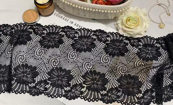 Quality A1Z022 Black Big Floral Stretch Lace Trim, 23.5CM Double Scalloped Hollow Out Elastic Lace Ribbon For Lingerie Dress Sleepwear Decoration factory