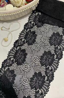 Quality A1Z022 Black Big Floral Stretch Lace Trim, 23.5CM Double Scalloped Hollow Out Elastic Lace Ribbon For Lingerie Dress Sleepwear Decoration factory