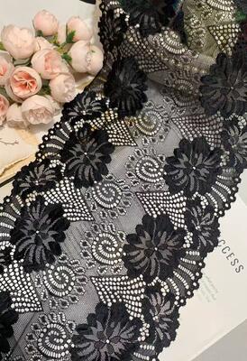 Quality A1Z022 Black Big Floral Stretch Lace Trim, 23.5CM Double Scalloped Hollow Out Elastic Lace Ribbon For Lingerie Dress Sleepwear Decoration factory