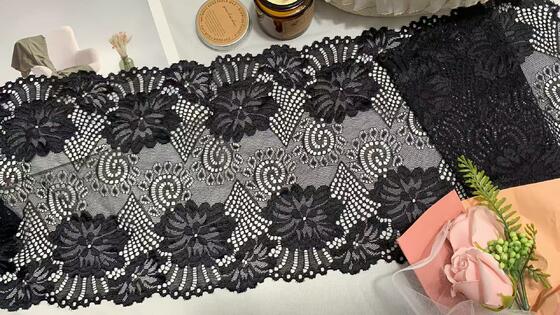 Quality A1Z022 Black Big Floral Stretch Lace Trim, 23.5CM Double Scalloped Hollow Out Elastic Lace Ribbon For Lingerie Dress Sleepwear Decoration factory