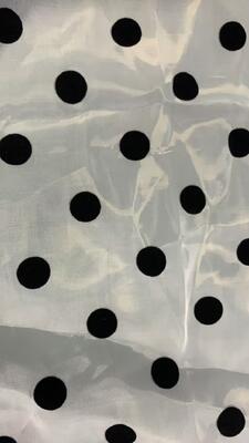 Quality Luxury 100% Polyester Organza Lace Fabric with Black Polka Flocking Dot Print for Home Decor & Clothing factory
