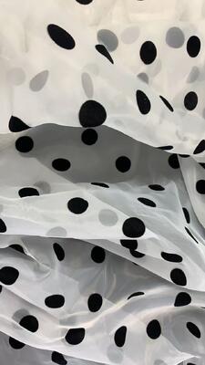 Quality Luxury 100% Polyester Organza Lace Fabric with Black Polka Flocking Dot Print for Home Decor & Clothing factory