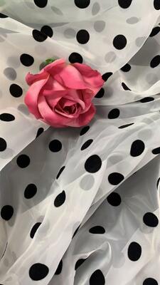 Quality Luxury 100% Polyester Organza Lace Fabric with Black Polka Flocking Dot Print for Home Decor & Clothing factory