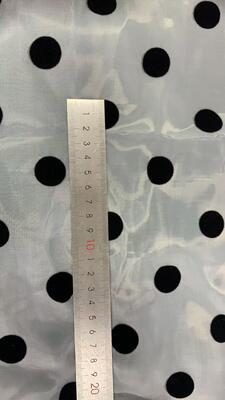 Quality Luxury 100% Polyester Organza Lace Fabric with Black Polka Flocking Dot Print for Home Decor & Clothing factory