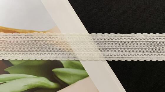 Quality 2.5cm Nylon Spandex Elastic Lace Trim with Scalloped Edge and Fine Horizontal Stripe Mesh for Lingerie Decoration factory