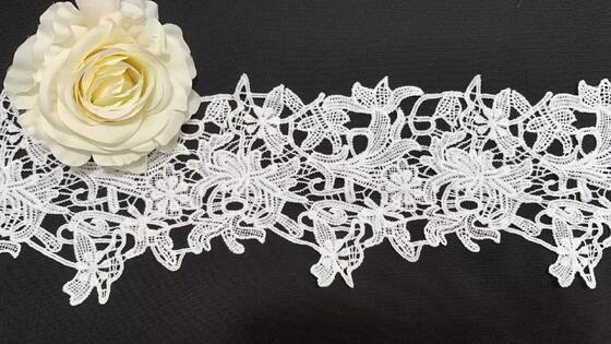 Quality 13cm Width Milk Yarn Lace Trim with Blooming Floral Openwork Pattern and Soft Fine Texture for Couture Apparel factory