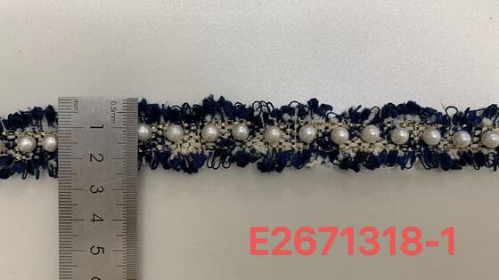 Quality 2.5cm Width Pearl Beaded Tweed Trim with Rough Fringe Edge and Faux Pearl Decoration for Bulk Supply factory