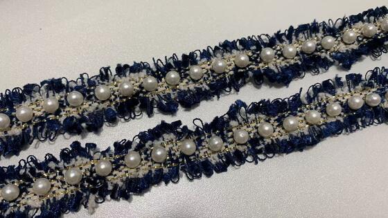 Quality 2.5cm Width Pearl Beaded Tweed Trim with Rough Fringe Edge and Faux Pearl Decoration for Bulk Supply factory