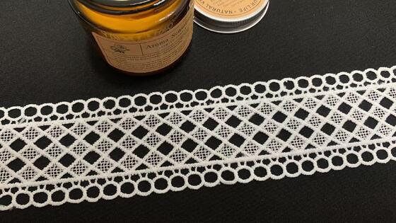 Quality 5.5cm Width Milk Yarn Lace Trim with Geometric Hollow Pattern and Neat Edge Stable Workmanship for Garment Decoration factory