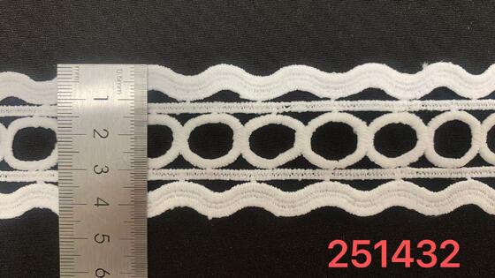 Quality 5cm Width Milk Yarn Embroidery Lace Trim with Multi-layer Geometric Design and Tidy Cut Edge for Apparel Decoration factory
